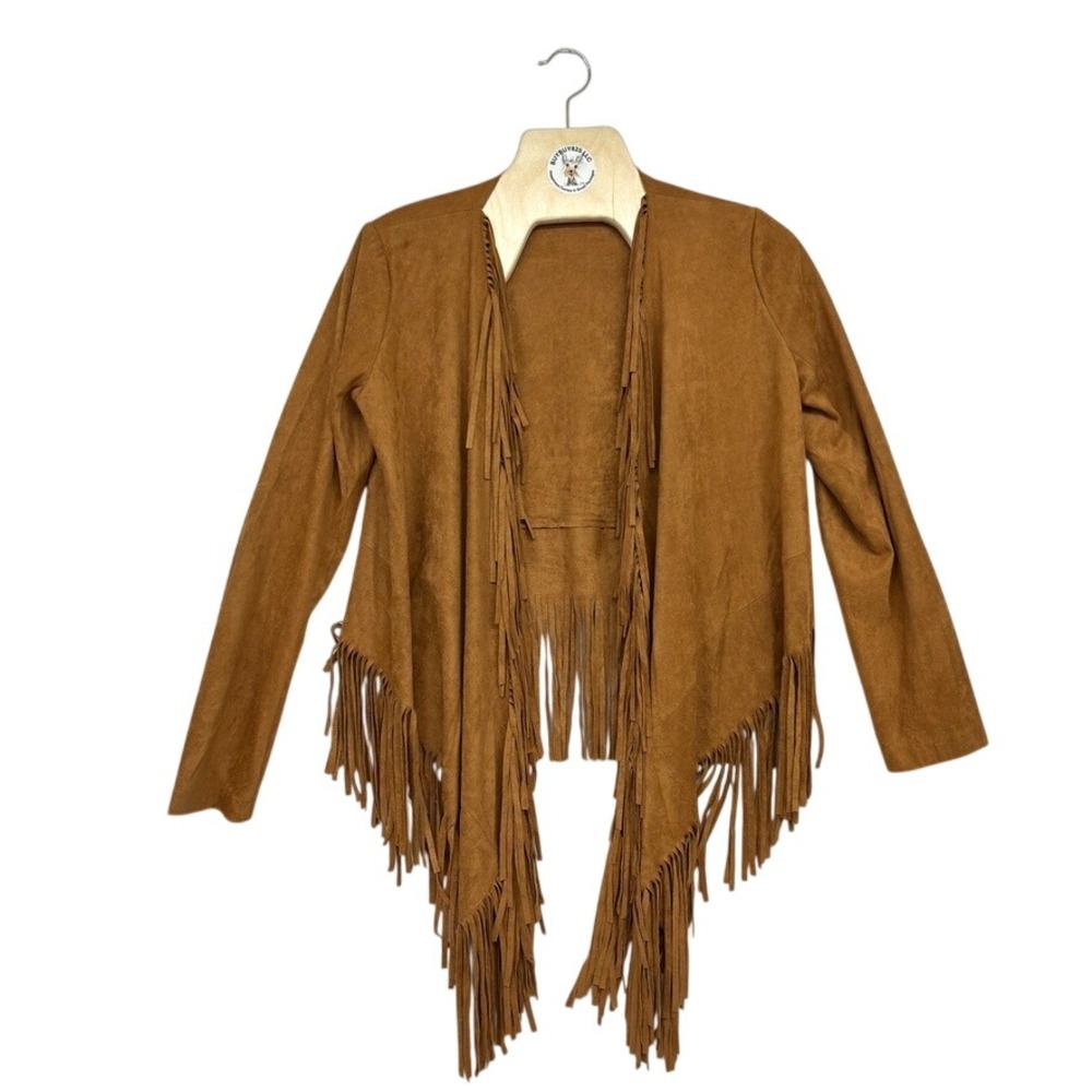 Comme Usa Brown Suede Faux Leather Fringe Waterfall‎ Jacket Cardigan